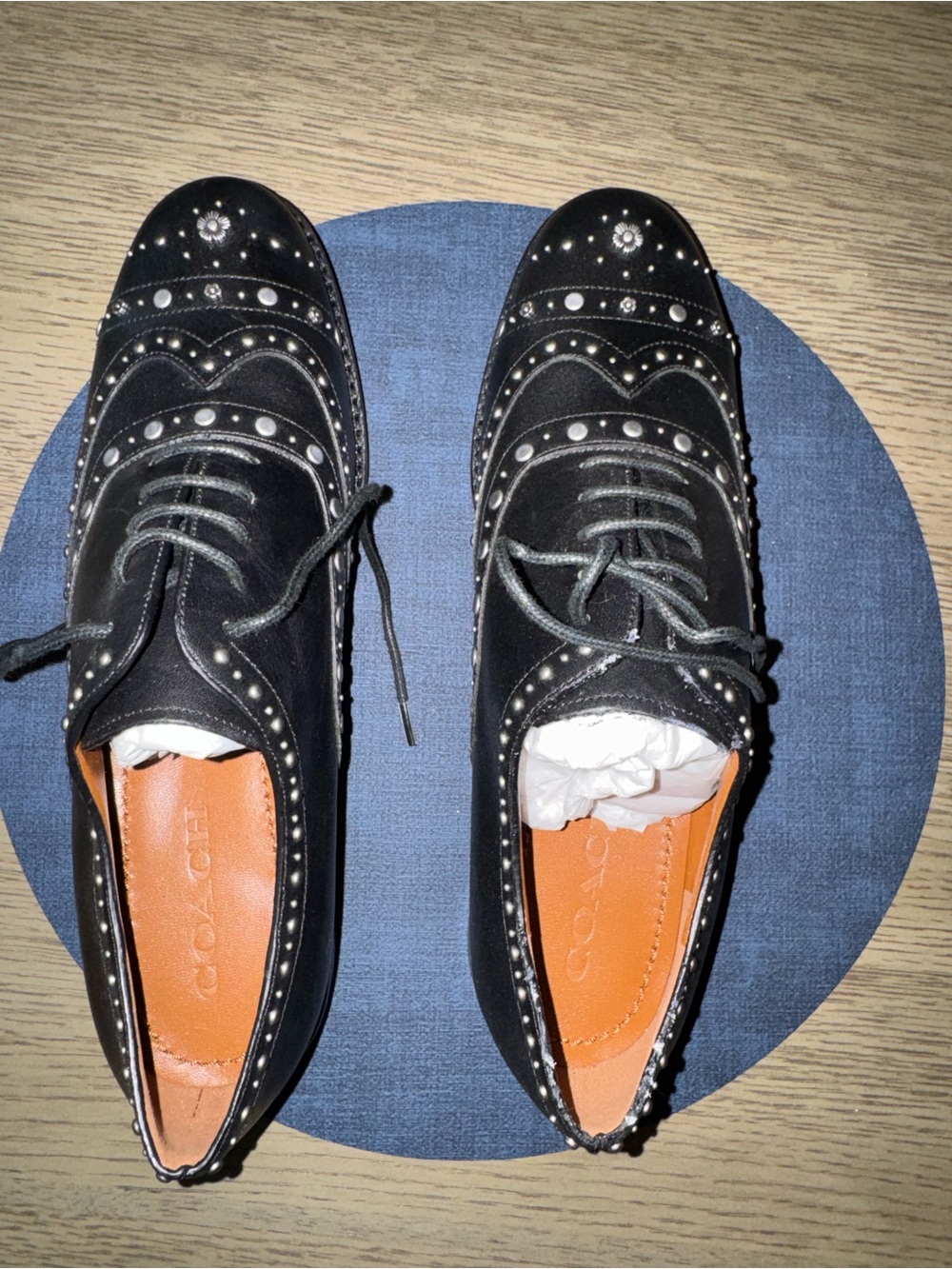 Coach Women’s Black Studded Leather Wingtip Oxfords